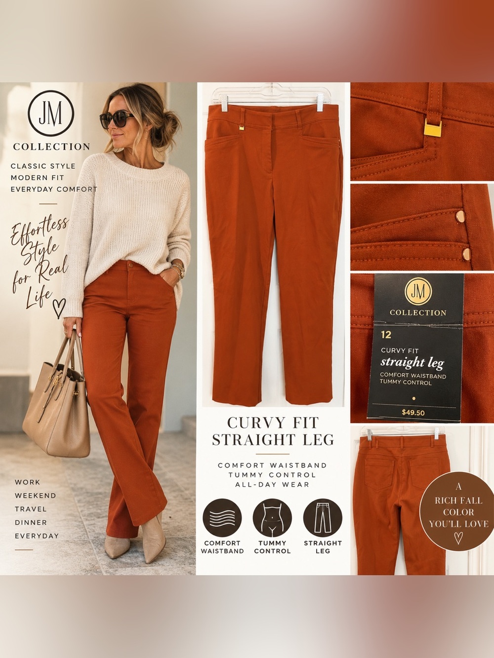 JM Collection Women’s 12 Curvy Fit Straight Leg Pants Rust Orange NWT